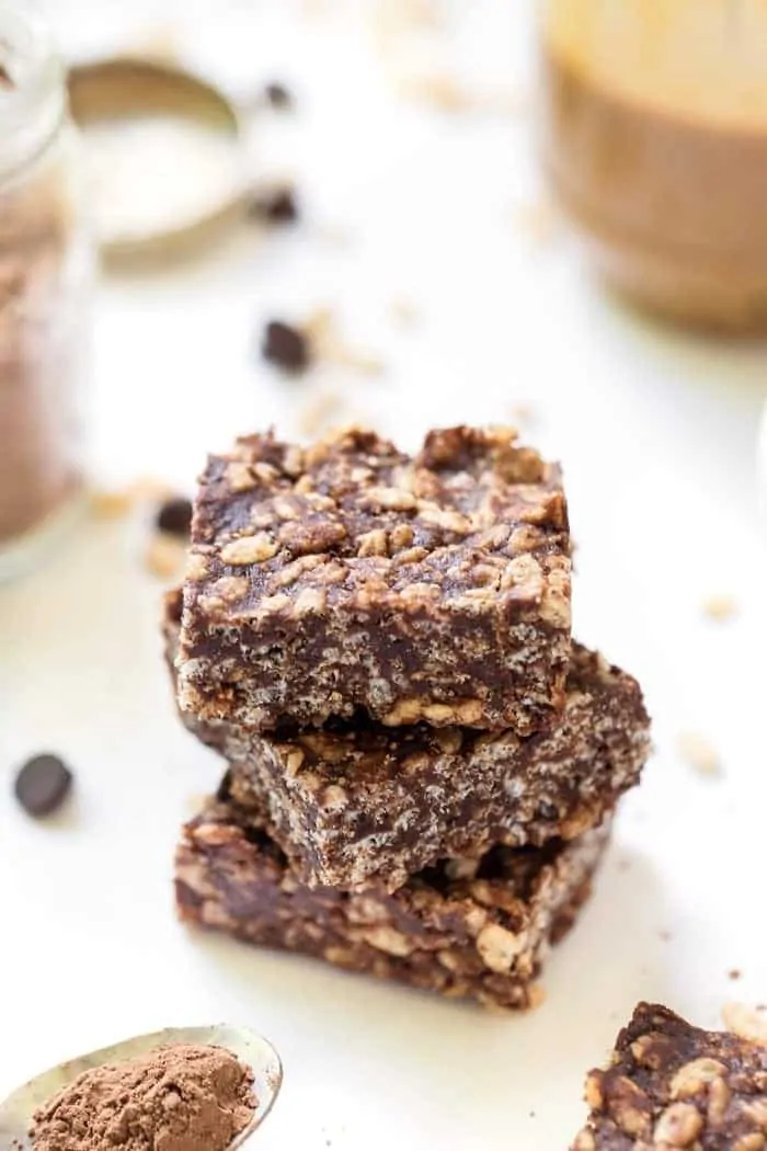 vegan rice crispy treats with chocolate and peanut butter