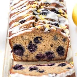 gluten-free blueberry banana bread with a coconut butter drizzle