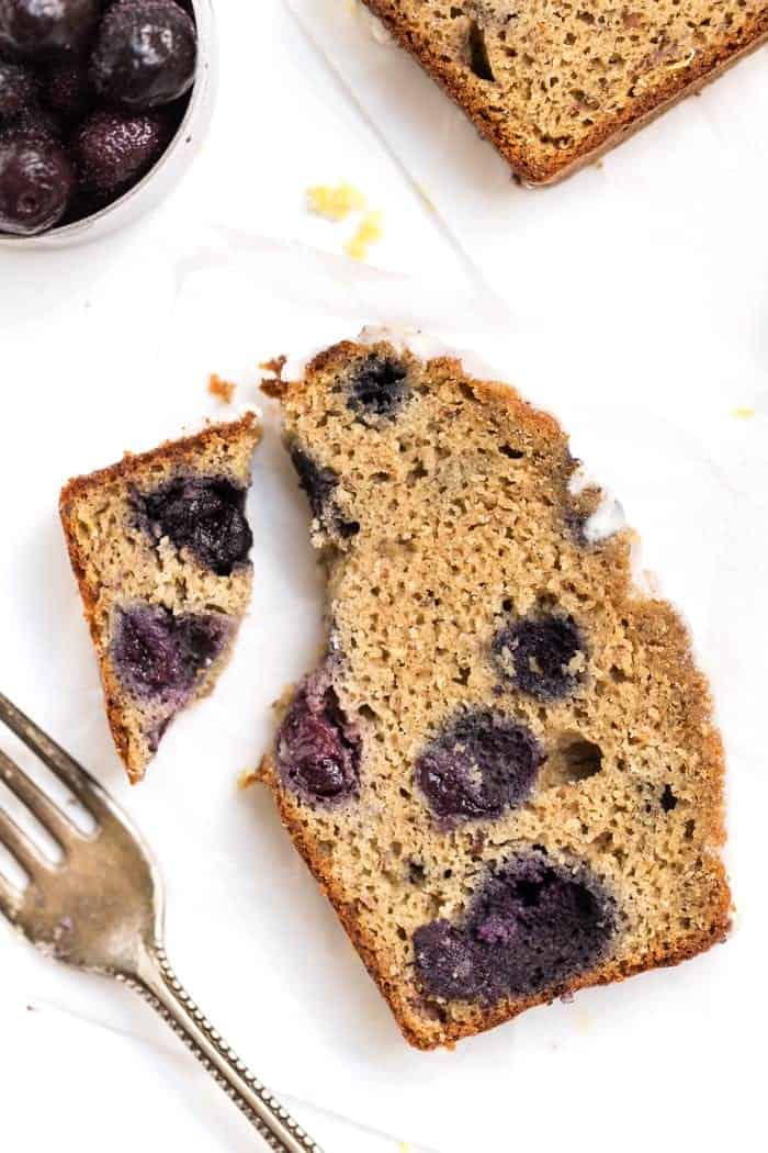 healthy blueberry banana bread made with almond and quinoa flours