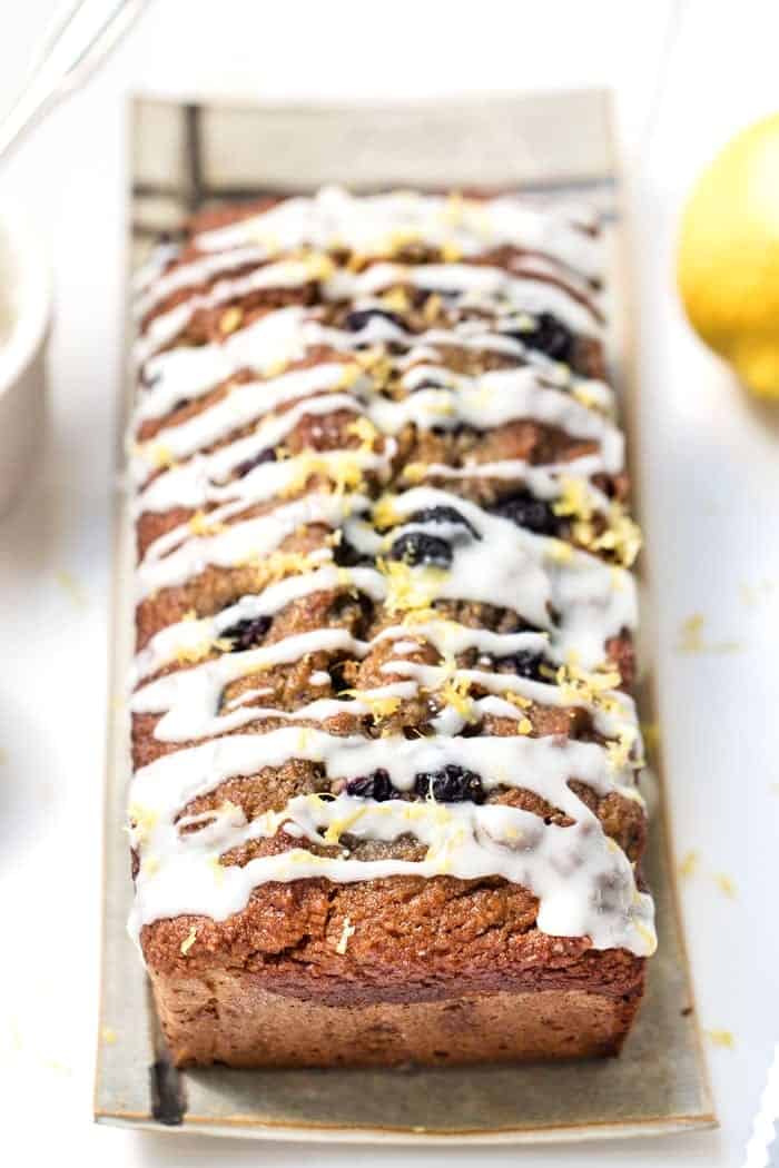 blueberry banana bread made with almond flour and quinoa flour