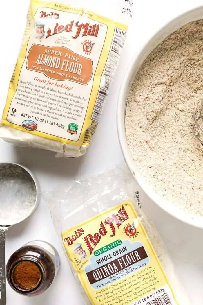 Overhead view of almond flour and quinoa flour bags