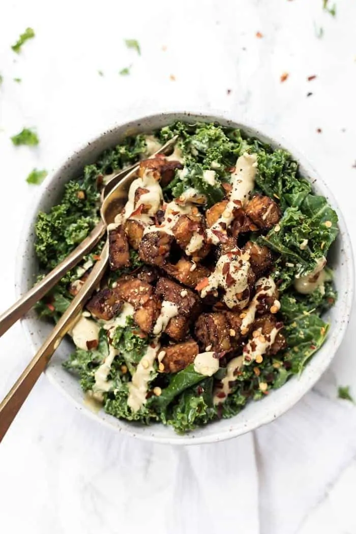 Creamy Kale Salad with Smoky Baked Tempeh Croutons