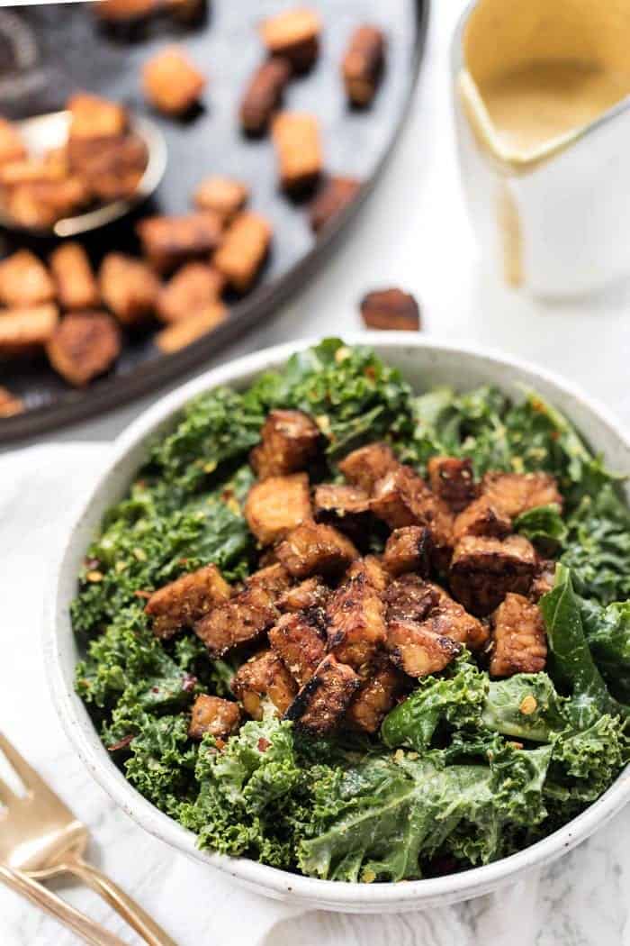 Vegan Kale Caesar Salad with Tempeh
