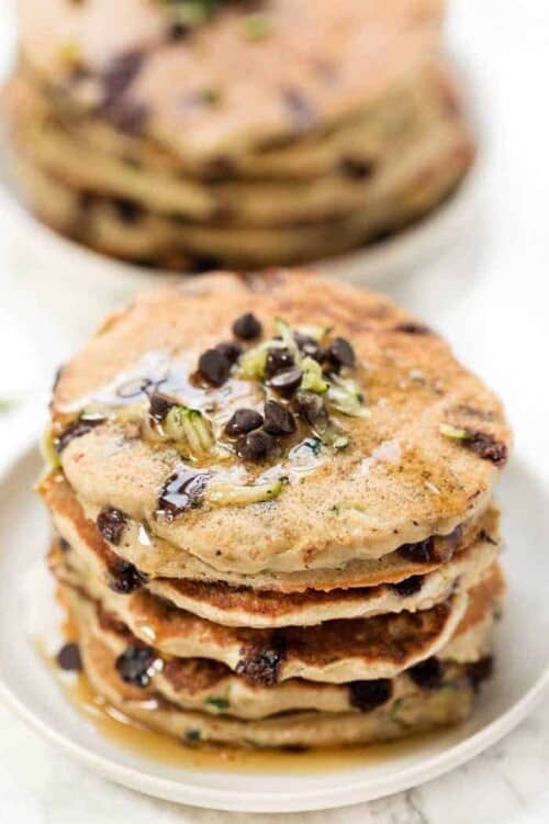 Healthy Zucchini Chocolate Chip Pancakes with syrup