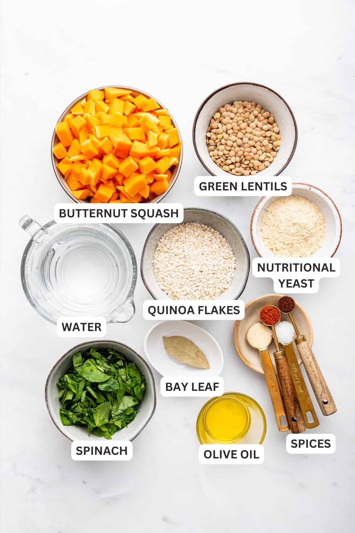 Overhead view of ingredients for lentil patties with labels