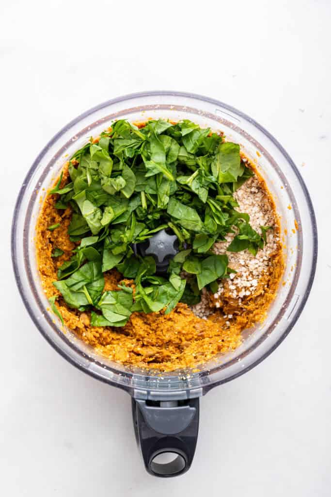 Spinach and quinoa flakes added to base for lentil patties