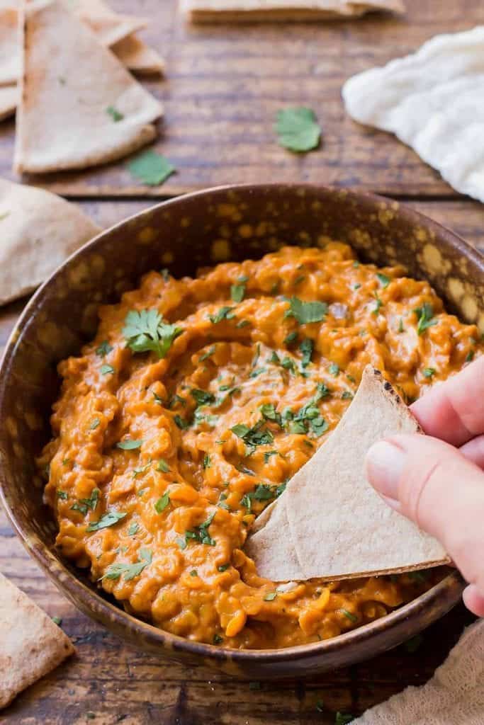Curried Lentil Dip with pita chip