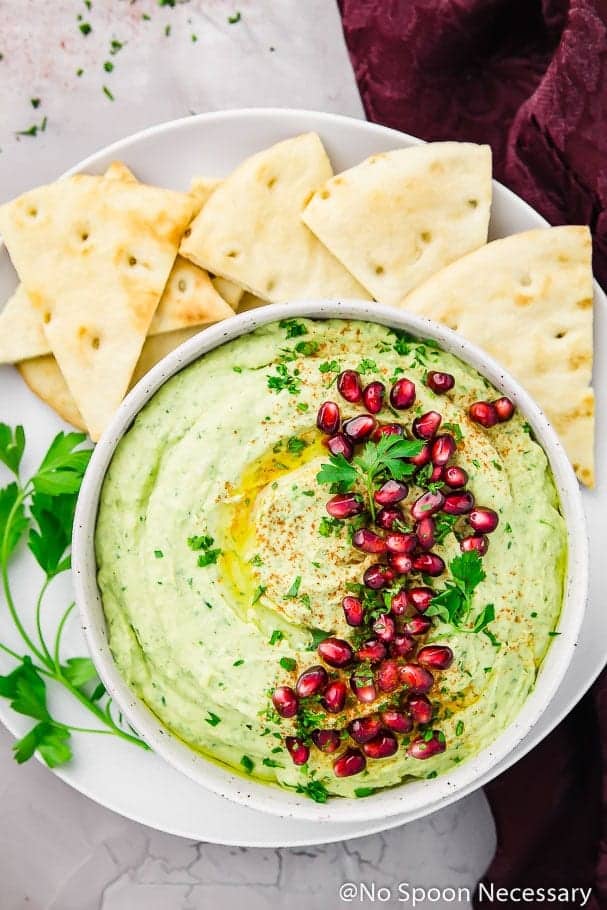 Holiday Hummus Recipe made with white beans and arugula