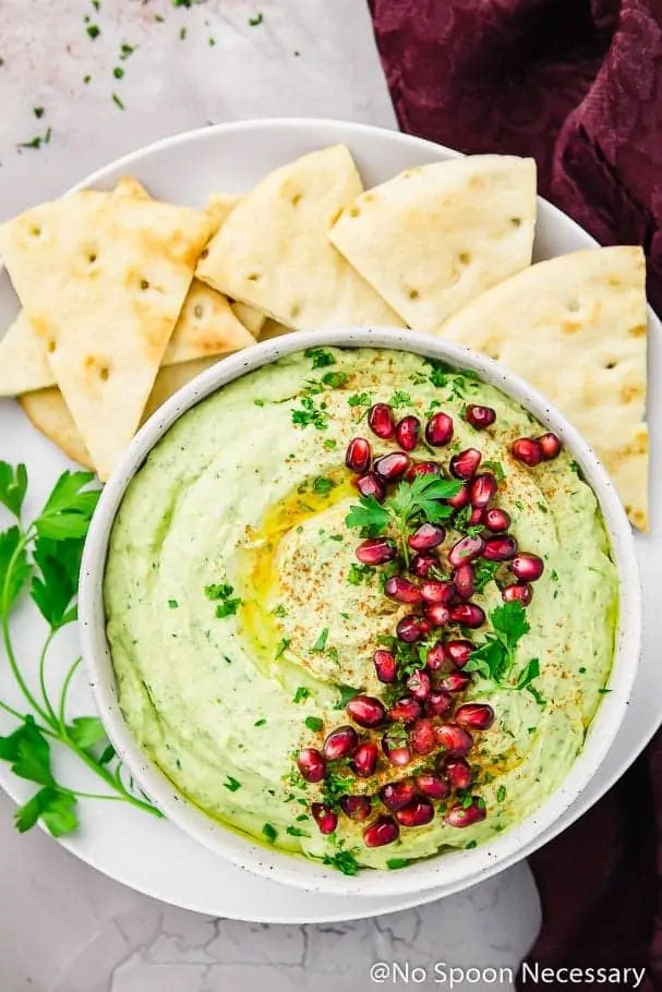 Holiday Hummus Recipe made with white beans and arugula