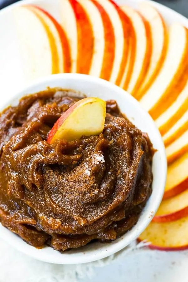 vegan caramel pumpkin dip served with apple slices