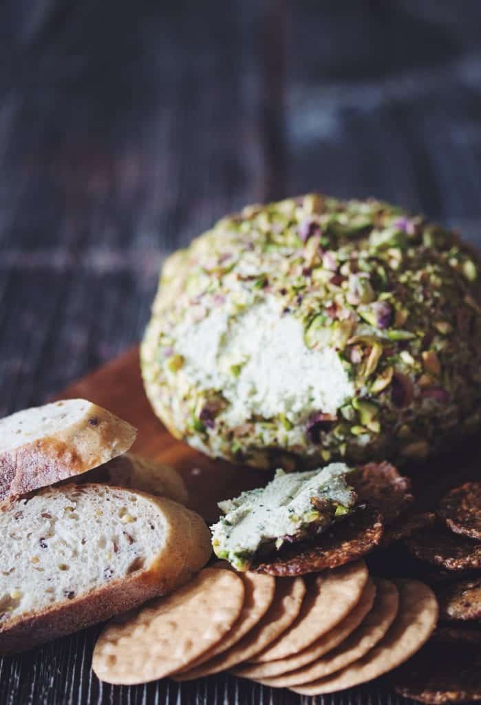 Vegan Cheese Ball Recipe crusted in pistachios