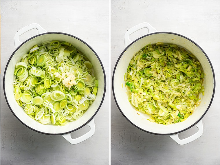 A side by side of raw leeks and garlic in a dutch oven, next to cooked leeks and garlic in a dutch oven