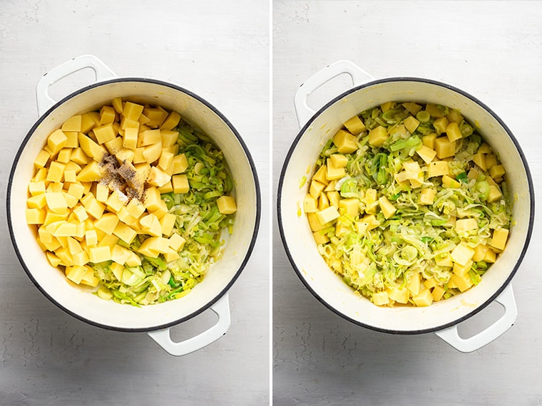A side by side of potatoes with salt and pepper in a dutch oven on top of cooked leeks and garlics, next to an image of the potatoes and seasonings stirred in