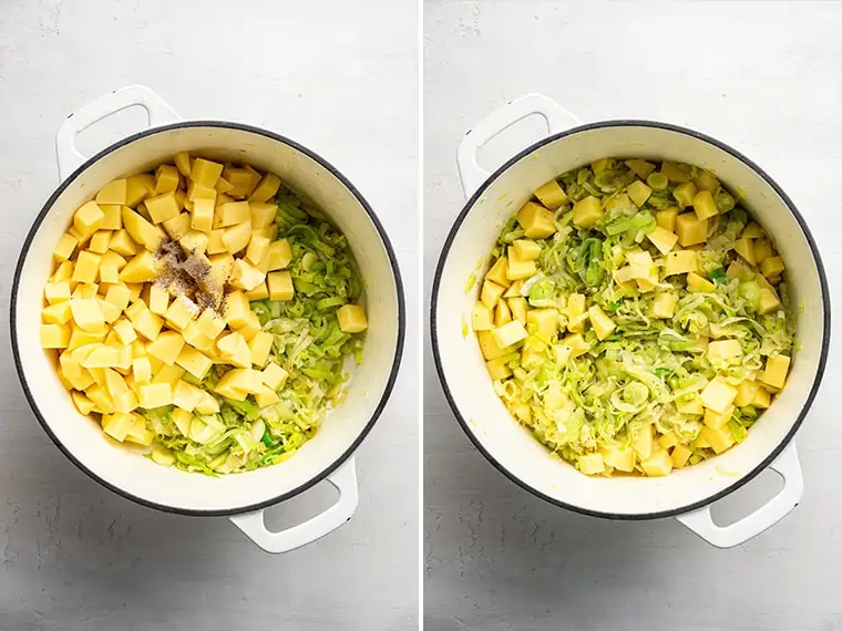 A side by side of potatoes with salt and pepper in a dutch oven on top of cooked leeks and garlics, next to an image of the potatoes and seasonings stirred in