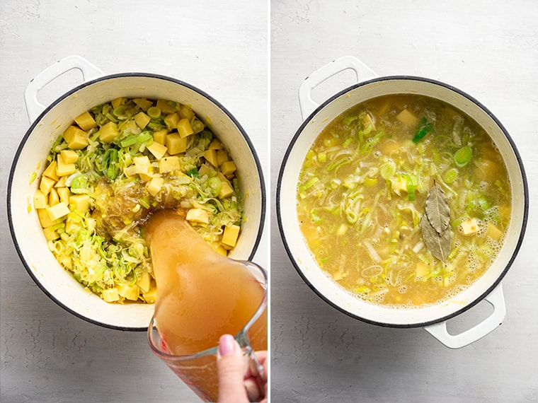 A side by side of a hand pouring vegetable broth into a dutch oven with leeks, garlic, and potatoes, next to all the broth poured in the soup