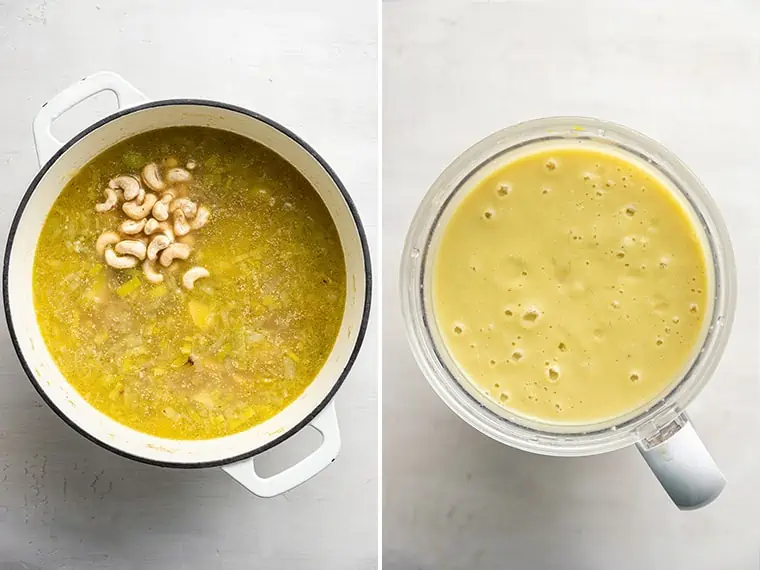 A side by side with an image of unblended vegan leek and potato soup with raw cashews in it in a dutch oven, next to the soup in a blender, blended