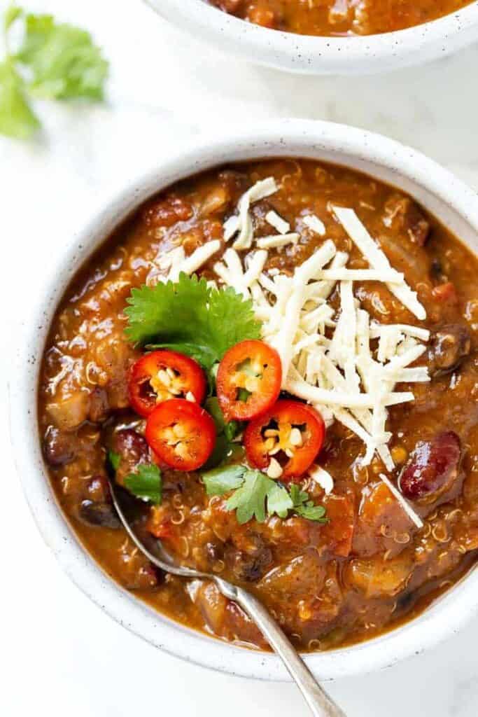 Pumpkin chili in a white bowl