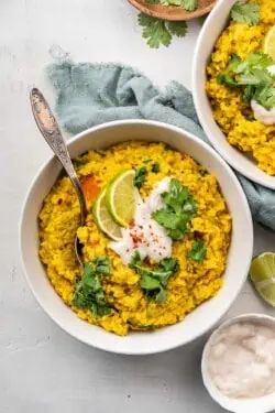 Overhead view of a bowl of kitchari topped with yogurt, cilantro, and lime slices, with a spoon in it, next to another bowl.