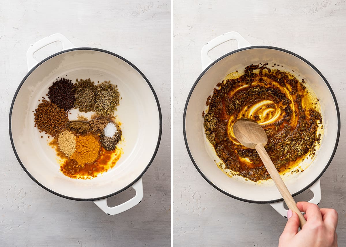 Side by side of a pot filled with tons of raw spices, separated from each other, and the pot with all of those spices stirred together, with a hand stirring a wooden spoon