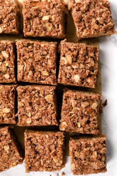 Overhead view of Gluten Free Coffee Cake cut into squares