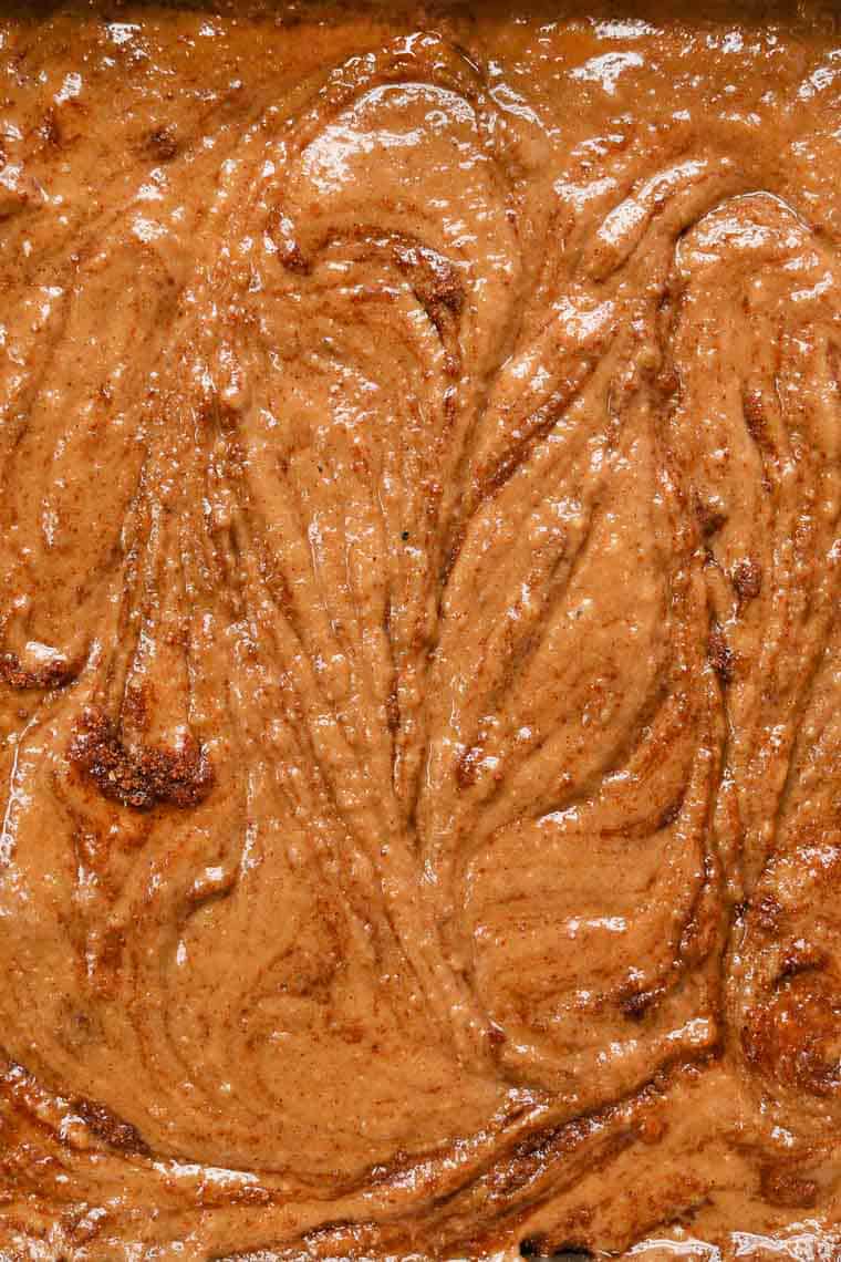 Overhead view of swirled coffee cake batter