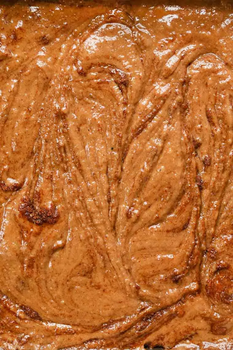 Overhead view of swirled coffee cake batter