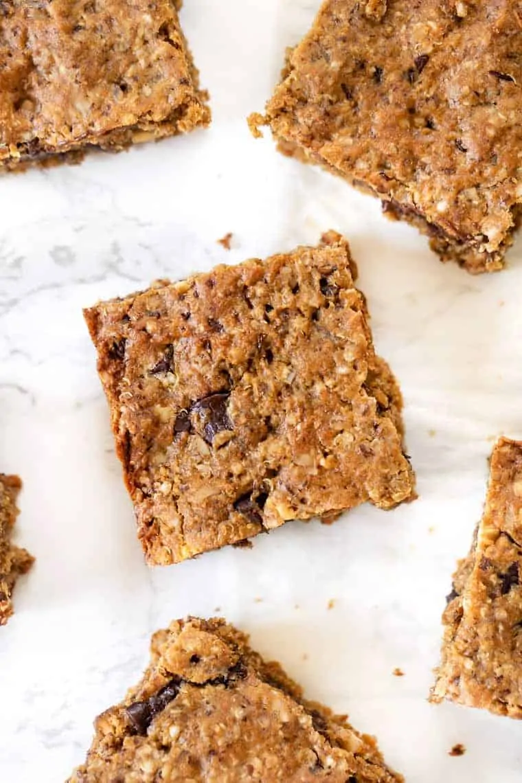 Overhead view of peanut butter oatmeal bar squares