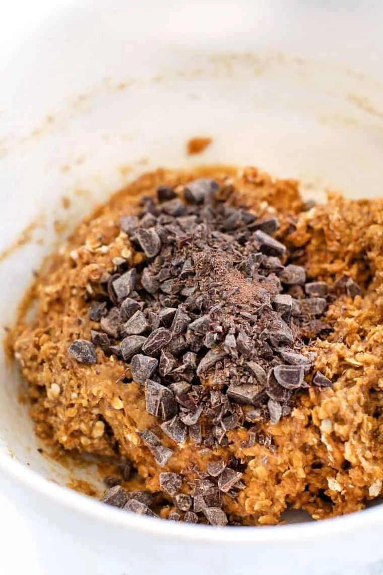 Chocolate chunks added to mixture for peanut butter oatmeal bars