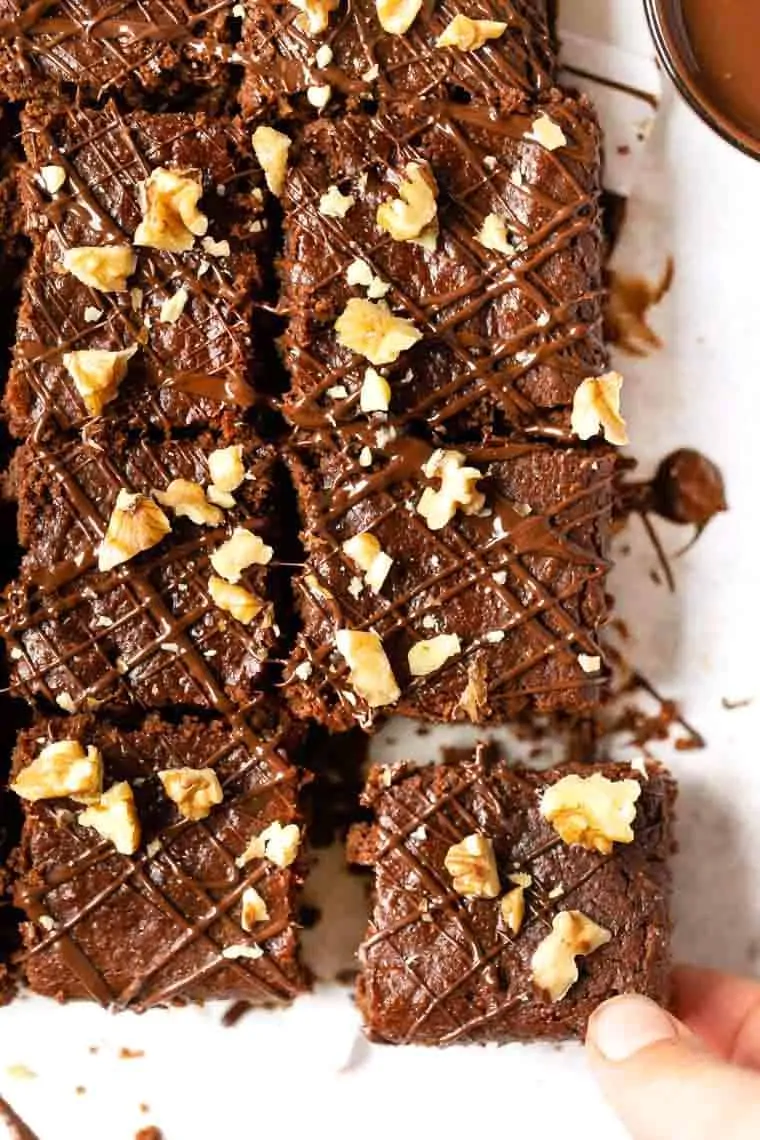 Overhead view of almond butter brownies cut into squares