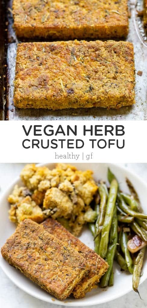 This Vegan Herb Crusted Tofu makes a delicious vegetarian entree or side dish for a crowd at Thanksgiving! This easy homemade recipe is made with quinoa flour, nutritional yeast, garlic and healthy seasonings and spices!
