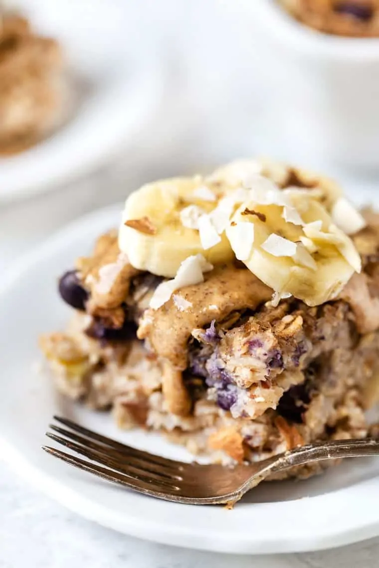 Protein baked oatmeal on plate with fork