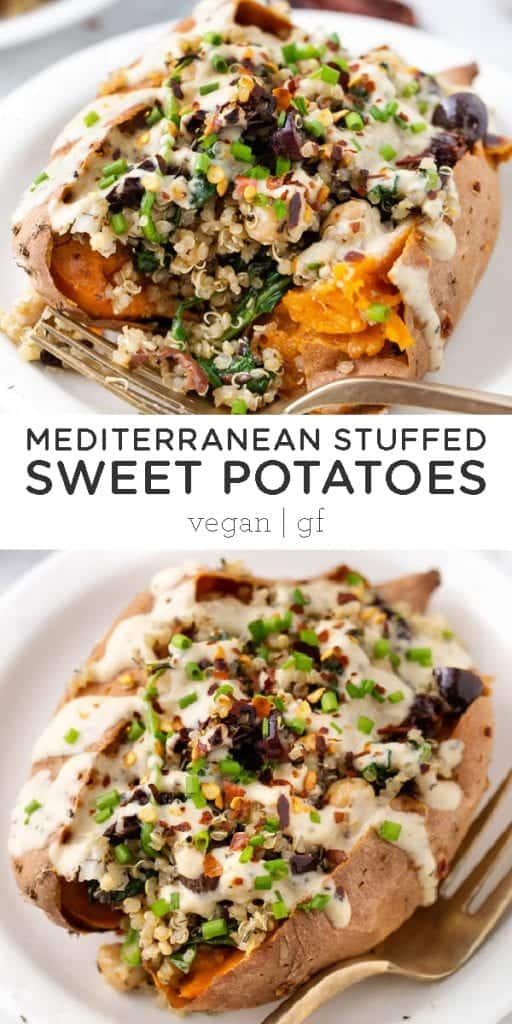 Vegan Stuffed Sweet Potatoes recipe filled with a Mediterranean Quinoa