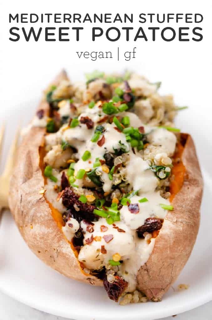 Vegan Stuffed Sweet Potatoes recipe filled with a Mediterranean Quinoa