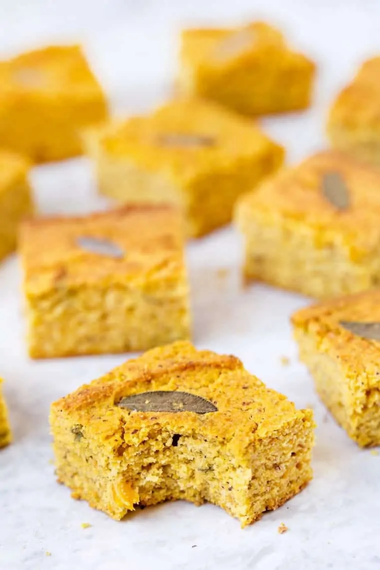 This Butternut Squash Cornbread is gluten-free, vegan, and oh-so-good! Seasoned with sage, it's the perfect cornbread recipe for fall. Vegan Gluten Free Cornbread Recipe