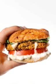 A hand holding up a butternut squash white bean burger in a bun garnished with lettuce, tomato, spicy mayo, and vegan queso.