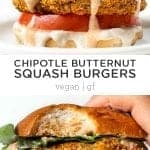 Pinterest title image for Chipotle Butternut Squash White Bean Burgers.