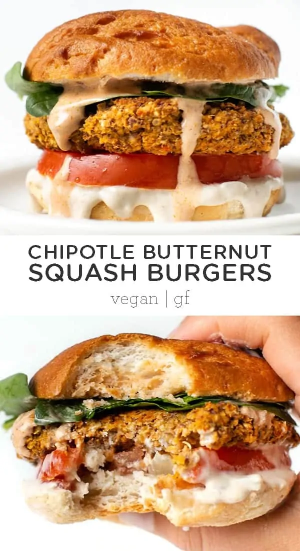 Pinterest title image for Chipotle Butternut Squash White Bean Burgers.