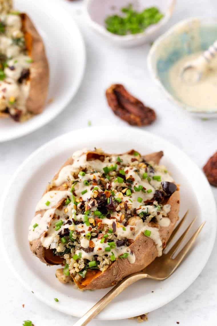 Vegan Stuffed Sweet Potatoes with Mediterranean Quinoa