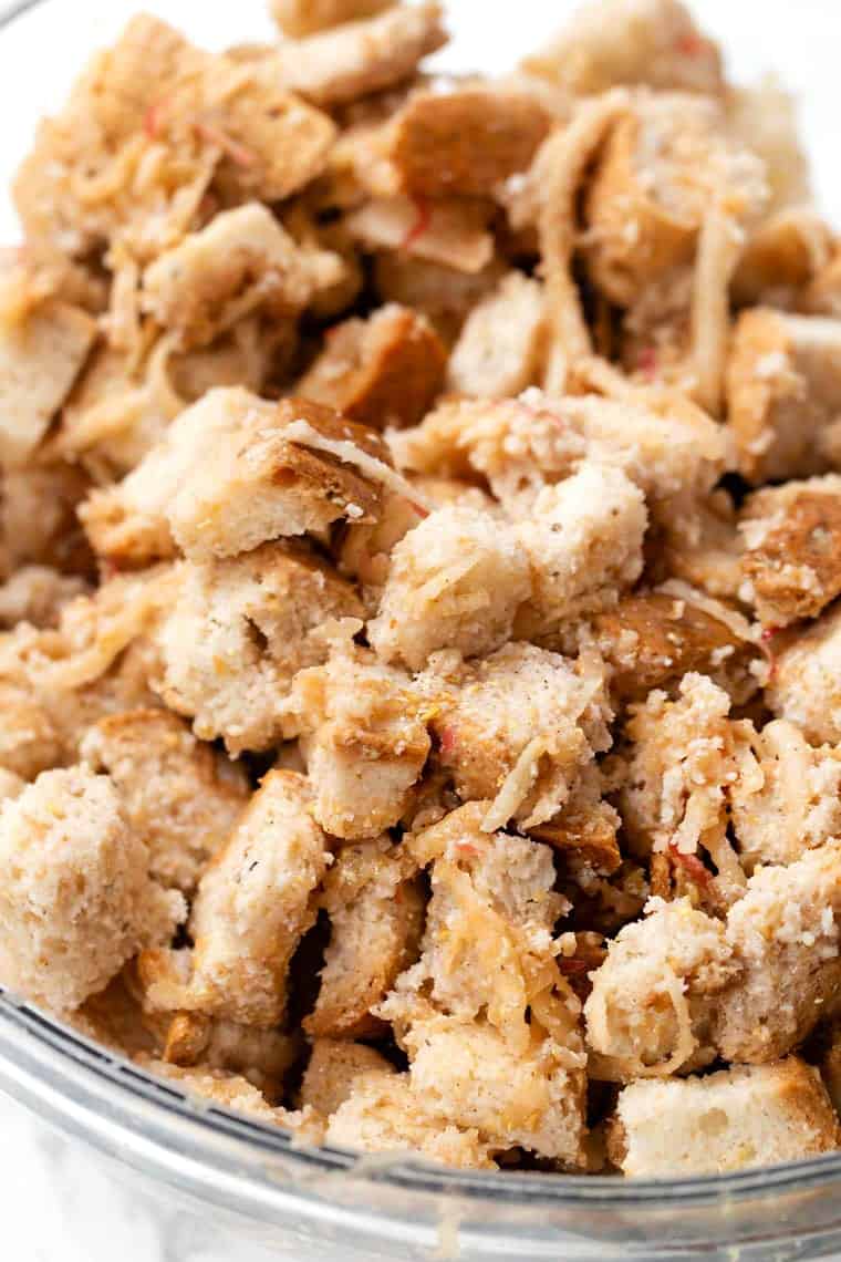 This easy French toast muffins recipe is flavored with cinnamon and apple for warm, cozy vibes. A meal prep breakfast you'll feel good about! French toast muffin mixture in bowl