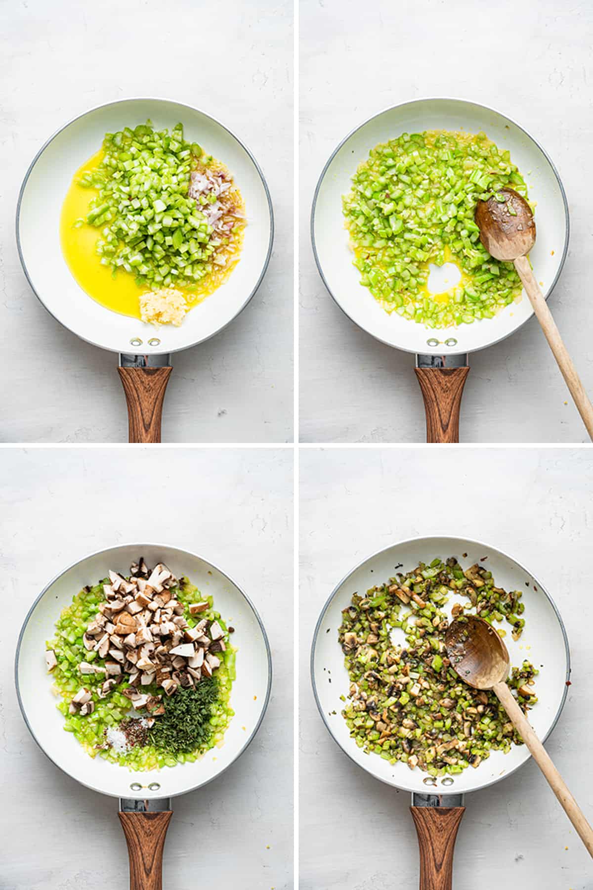 Four images. First, a skillet with olive oil, celery, shallots, and garlic, raw; second, a skillet with cooked celery, garlic, and shallots, and a wooden spoon in it; third, a skillet with cooked celery, garlic, and shallots, with uncooked mushrooms and herbs; fourth, a skillet with cooked celery, shallots, garlic, mushrooms, and herbs, with a wooden spoon