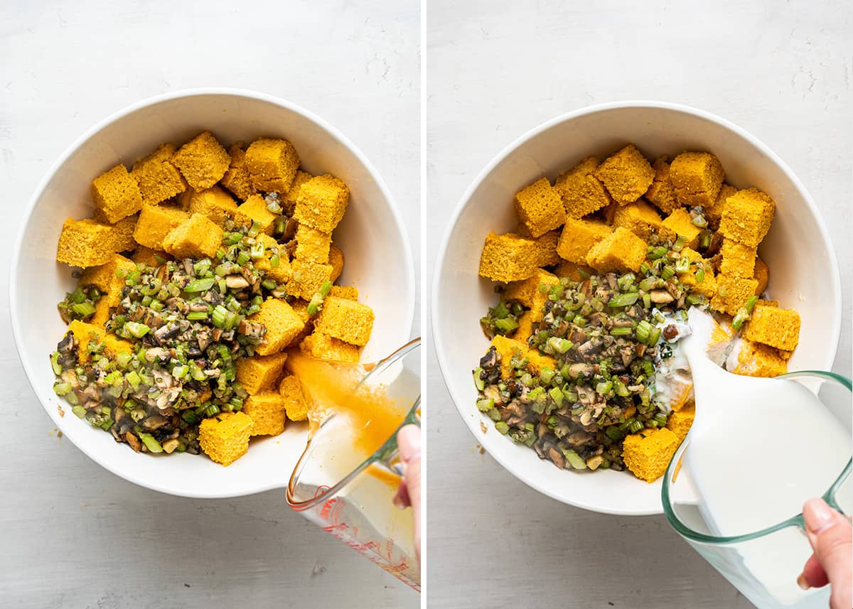 This vegan cornbread stuffing recipe is moist and mouthwatering, uses homemade pumpkin cornbread, and is a perfect Thanksgiving side dish A side by side with a bowl filled with cornbread chunks and sautéed veggies, with vegetable broth being poured into it, next to a bowl with cornbread, sautéed veggies, and vegetable broth, with almond milk being poured into it