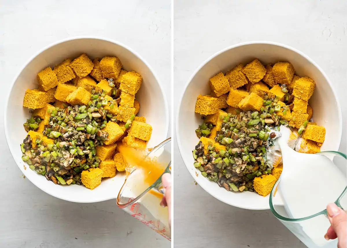 A side by side with a bowl filled with cornbread chunks and sautéed veggies, with vegetable broth being poured into it, next to a bowl with cornbread, sautéed veggies, and vegetable broth, with almond milk being poured into it