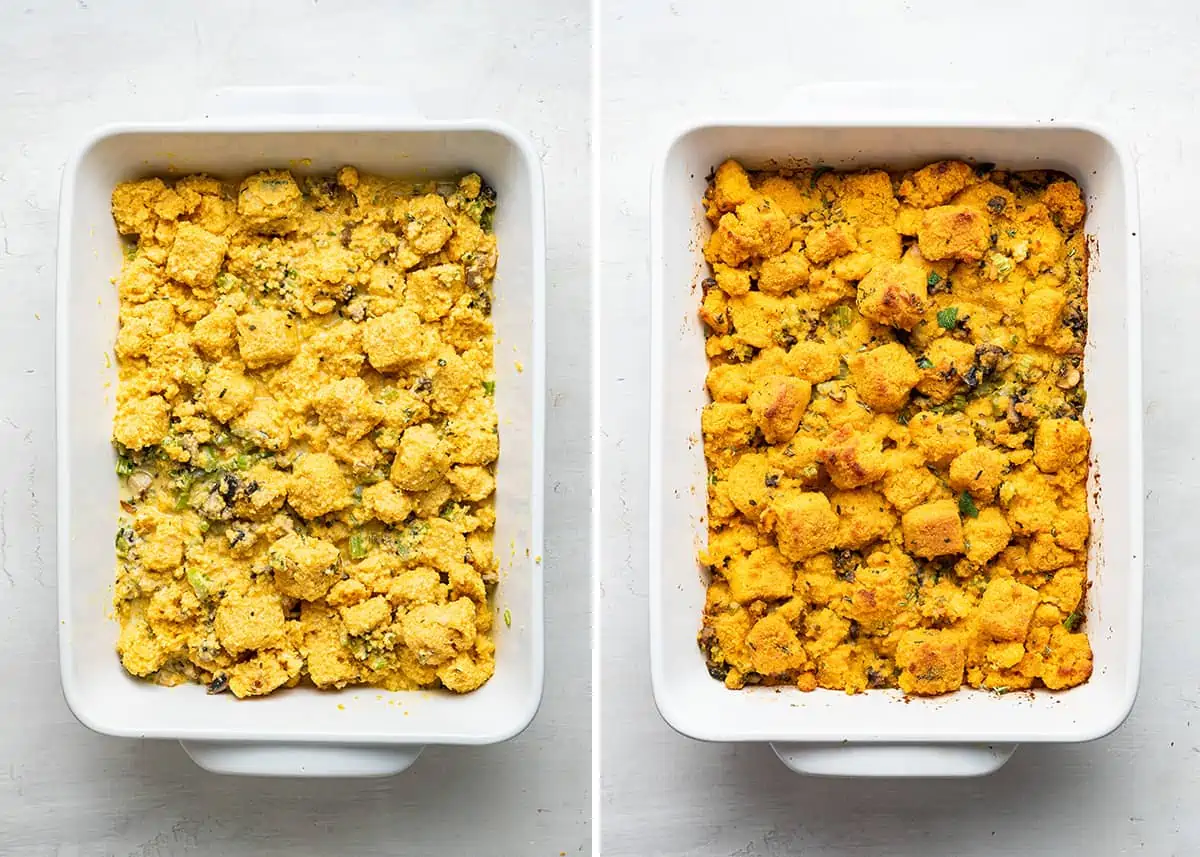 Side by side of a casserole dish filled with unbaked vegan cornbread stuffing next to a casserole dish with baked vegan cornbread stuffing