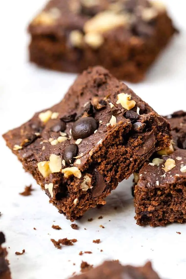 Two stacked vegan espresso brownies