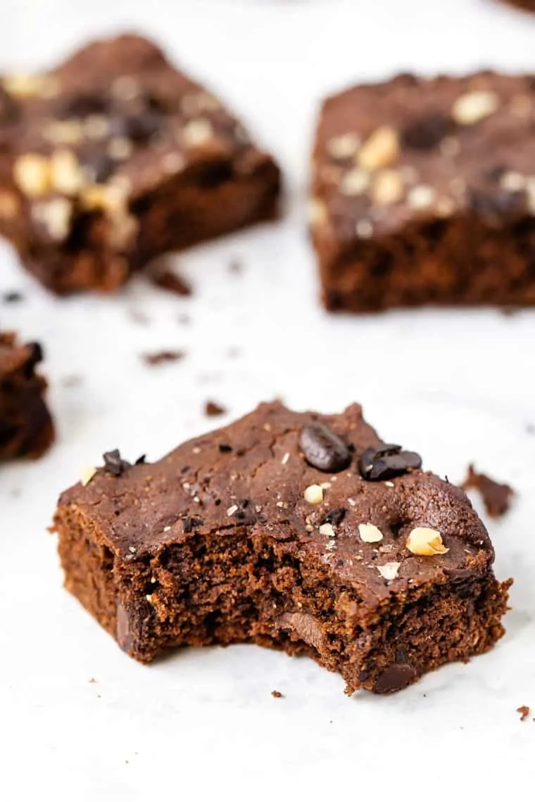 healthy espresso brownie with corner bitten