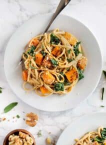 Plate of Creamy Walnut Pasta with fork