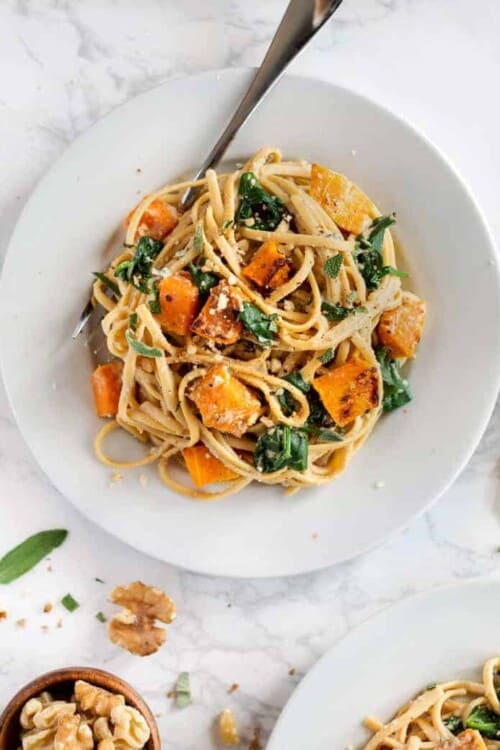 Plate of Creamy Walnut Pasta with fork