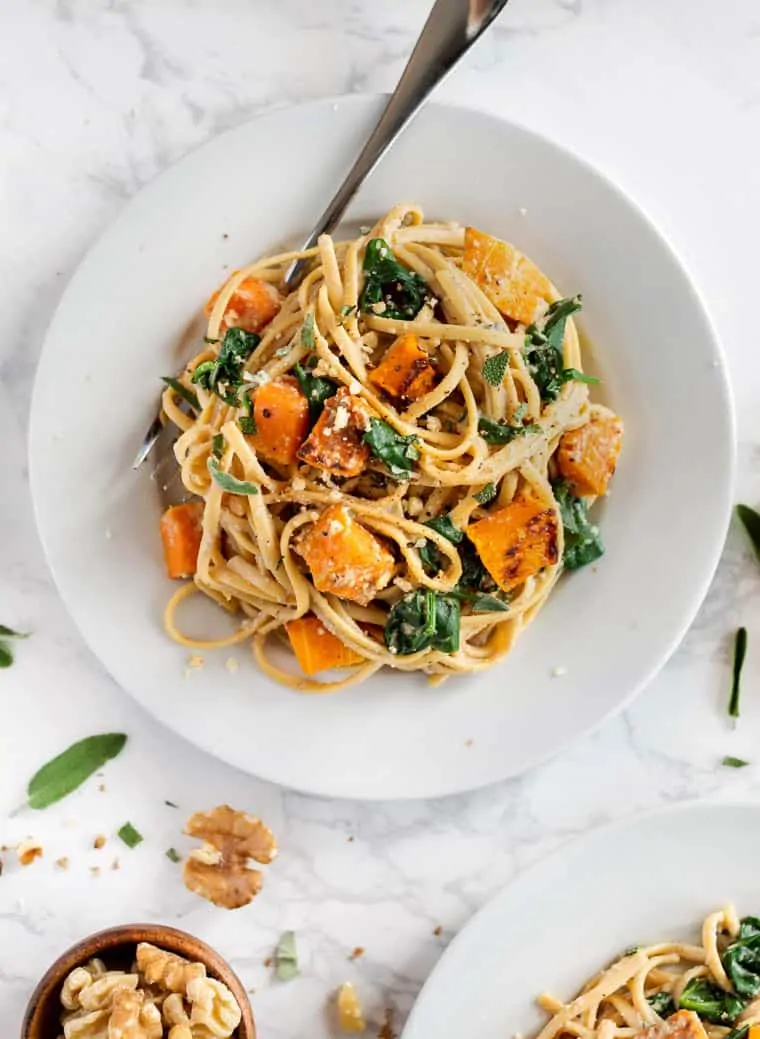 Plate of Creamy Walnut Pasta with fork