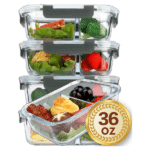Glass Meal Prep Containers 2 Compartments Portion Control with Upgraded Snap Locking Lids