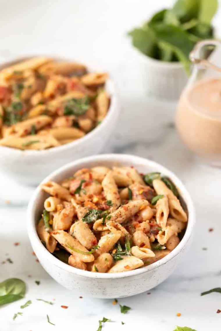 White Bean Spinach Pasta with Tomatoes